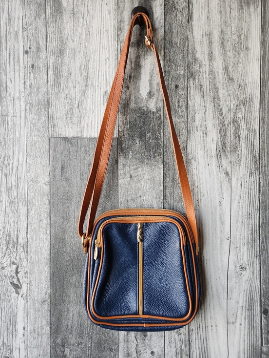 Valentina Handbags - Valentina Genuine Leather Crossbody Handbag Purse Dark Blue Brown Made In Italy